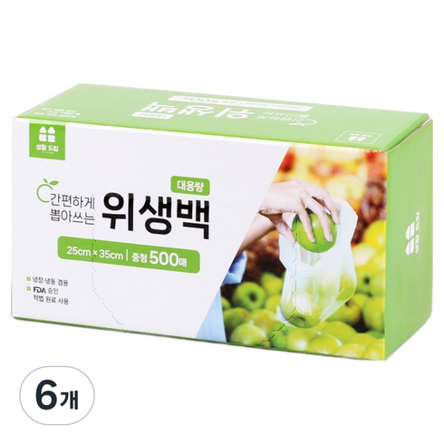 생활드림 뽑아쓰는 대용량 일회용 위생 비닐봉지 중 25 x 35 cm, 6개, 500개입, 중(M)