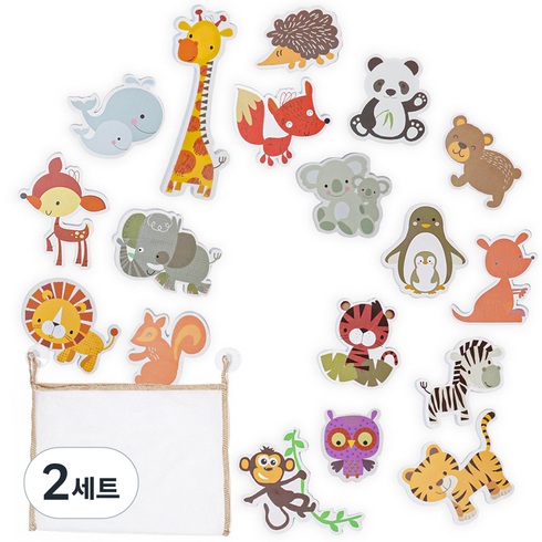 아띠래빗 유아용 아쿠아 목욕놀이 스티커 장난감 + 그물망 보관함 세트, 동물, 2세트
