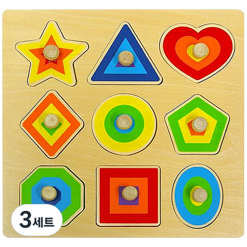 토도리브로 원목교구 도형 꼭지퍼즐, 3세트, 9피스