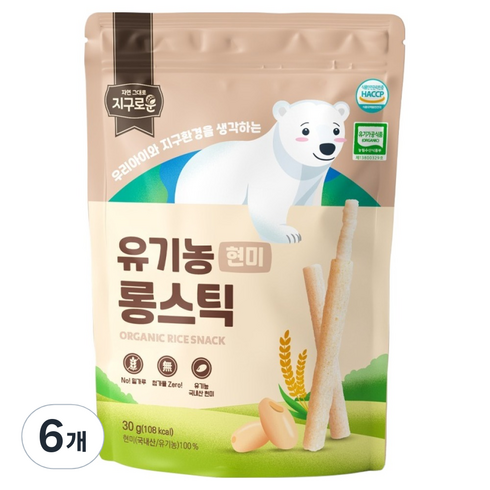 지구로운 유기농 아기 과자 롱스틱, 6개, 30g, 현미