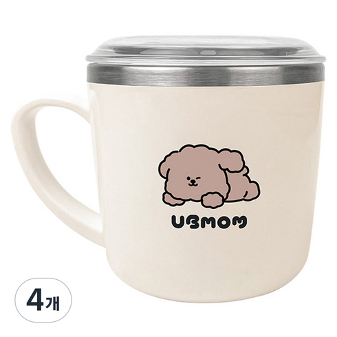 유비맘 초코몽이 스텐인리스 컵 + 뚜껑 세트, 베이지, 4개, 280ml