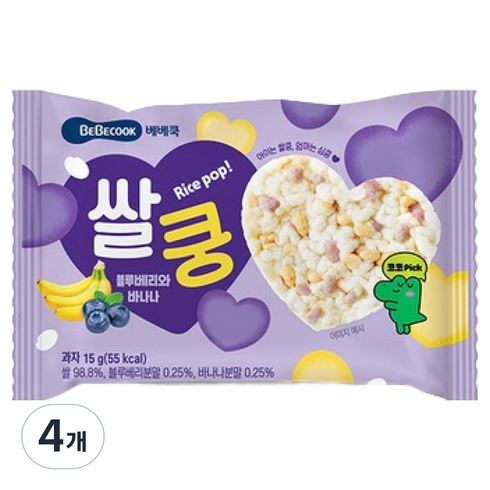 베베쿡 쌀쿵, 혼합맛(블루베리/바나나), 15g, 4개