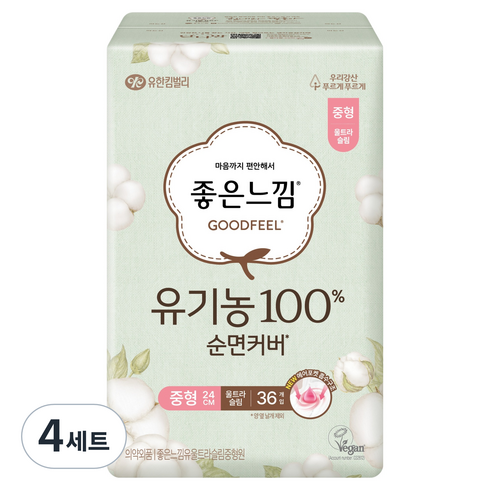 좋은느낌 유기농 순면 울트라슬림 생리대 날개형, 중형, 36개입, 4세트