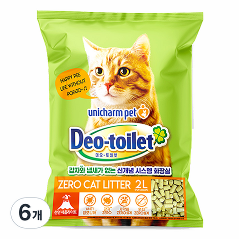 유니참데오토일렛 비응고형 감자 & 사막화 Zero 고양이 모래, 2L, 6개, 소취항균 모래