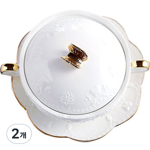 모던지 원형 세라믹 뚜껑있는 스프볼 280ml + 원형접시 15 x 15 x 2 cm 세트 YJ317, 화이트골드나비, 2개