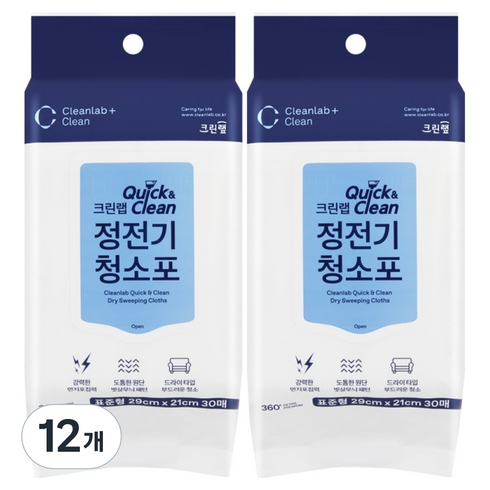 크린랩 퀵앤클린 정전기청소포 표준형 30p, 12개