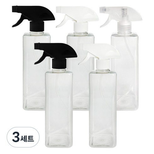 월드크린 투명 분무기 사각 500ml x 5p 세트, 3세트, 블랙, 블랙, 화이트, 화이트, 투명