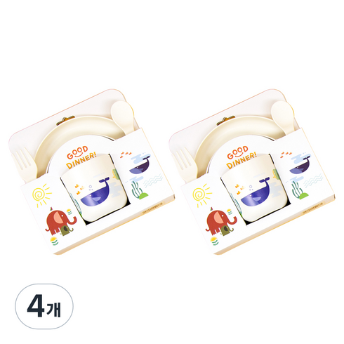 애니멀팝 키즈 디너 5종 식기 세트, 고래, 4개, 볼 + 플레이트 + 컵 + 수저 + 포크