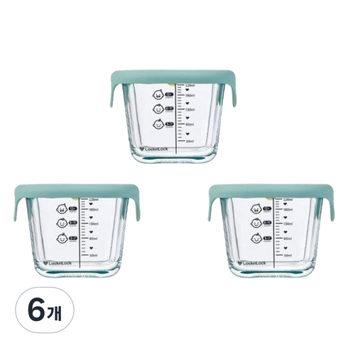 락앤락 리틀럽 디어 실리콘캡 정사각 이유식 용기, 260ml, 스카이블루, 6개