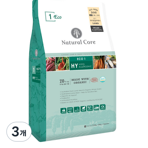 네츄럴코어 전연령 강아지 에코1 하이포알러제닉 작은입자, 양, 2.4kg, 3개