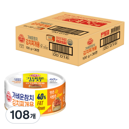오뚜기 가벼운 참치 김치찌개용, 100g, 108개