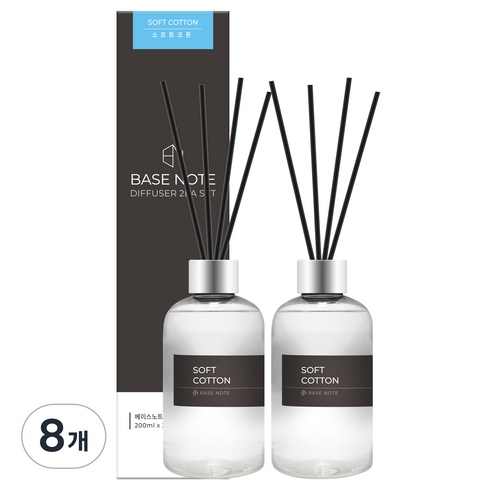 베이스노트 홈 디퓨저, 소프트코튼, 200ml, 8개