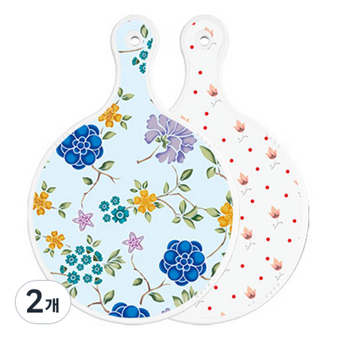 로엠디자인 양면 원형 서빙 도마 보드 로맨틱블루floral비색, 홍황색플라워, 2개