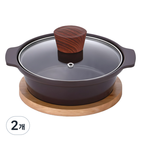 쿠킨 세라믹 인덕션 건강 뚝배기 냄비 + 나무 받침대, 16cm, 2개