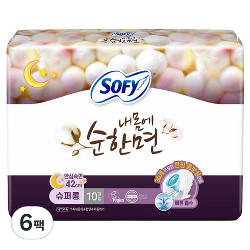 쏘피 내몸에 순한면 날개형 생리대, 슈퍼롱, 10개입, 6세트