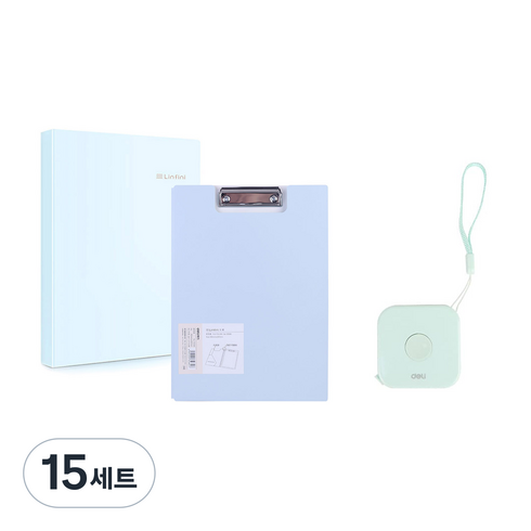 델리 미니 줄자 + 린피니 클리어 파일백 20p + 린피니 커버 클립보드, 랜덤발송(미니줄자), 블루(파일백), 블루(클립보드), 15세트