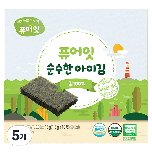 퓨어잇 오가닉 순수한 아이김 김 100% 10p, 15g, 5개