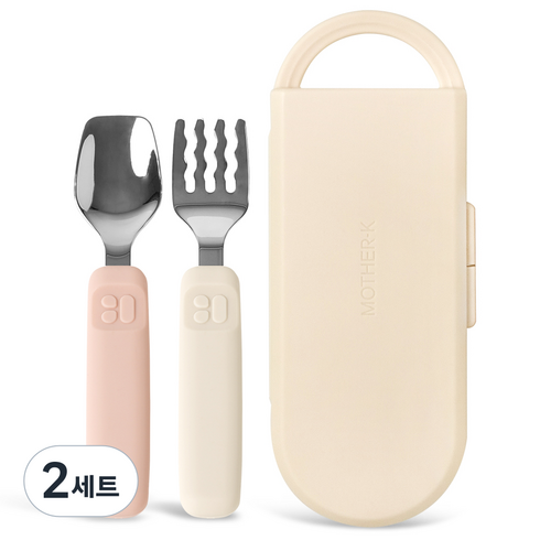 마더케이 실리콘 허그 자기주도 스푼 포크 + 케이스 세트, 핑크 스푼 + 아이보리 포크, 2세트