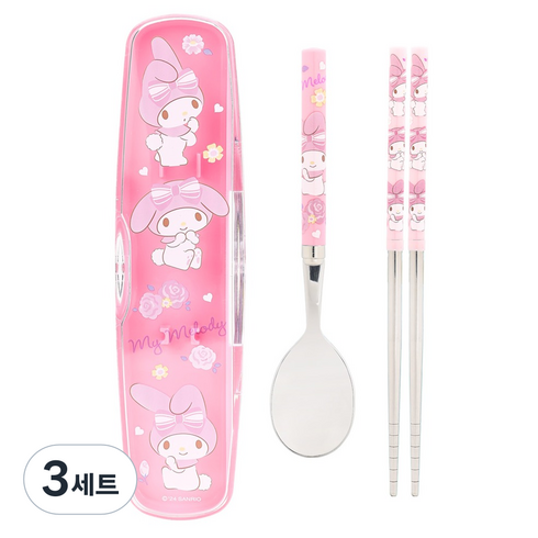 릴팡 유아용 마이멜로디 올인원 가벼운 진공 스텐 수저 케이스 세트, 혼합색상, 스푼 1p + 젓가락 1벌 + 케이스 1p, 3세트