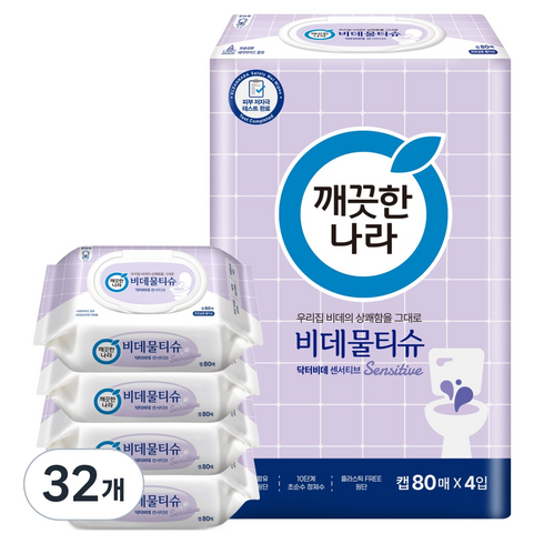 깨끗한나라 닥터비데 센서티브 화장실용 비데물티슈 캡형, 55g, 80매, 32개