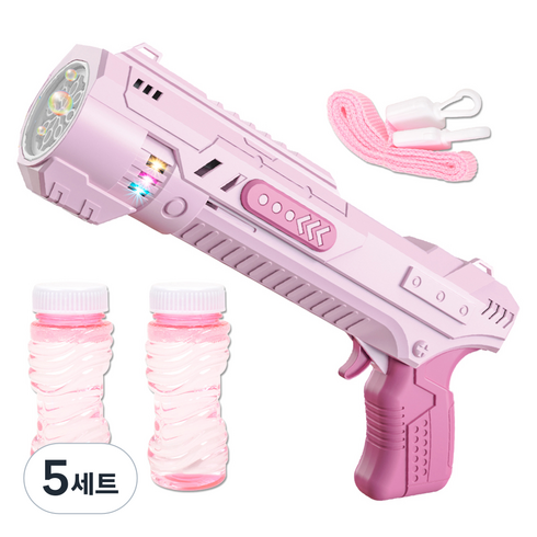 다이나믹 8구 자동 터보 버블 건 + 용액 50ml x 2p + 목걸이 끈 세트, 분홍, 5세트