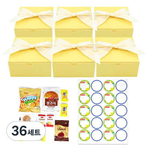 리본 과자 상자 간식 답례품 선물 세트, 간식 9종 x 6p + 라벨스티커 20p, 36세트