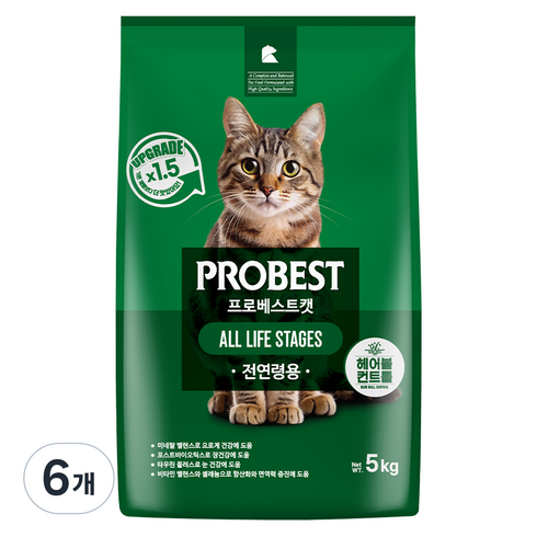 프로베스트 고양이 그린 전연령 기능성 사료, 헤어볼+장건강, 5kg, 6개