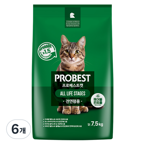 프로베스트 고양이 그린 전연령 기능성 사료, 헤어볼+장건강, 7.5kg, 6개