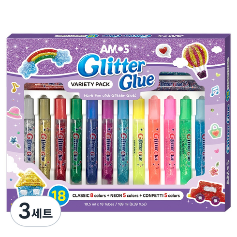 아모스 반짝이풀 18종 세트, 클래식, 네온, 컨페티, 3세트