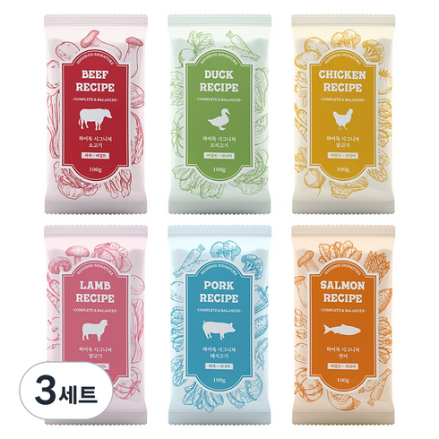 하이독 강아지 시그니처 냉동 화식 6종 세트, 소고기 + 오리고기 + 닭고기 + 양고기 + 돼지고기 + 연어, 3세트