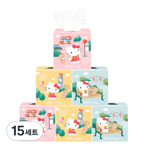 ITC 헬로키티 런던라이프 천연펄프 미용티슈 2겹 3종, 6개입, 15세트