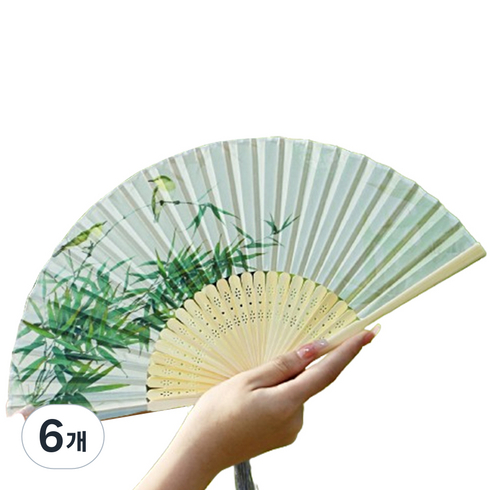 뽀르픽 시원한 전통 수묵화 대나무 선물 접이식 부채, 화이트레트로그린, 6개