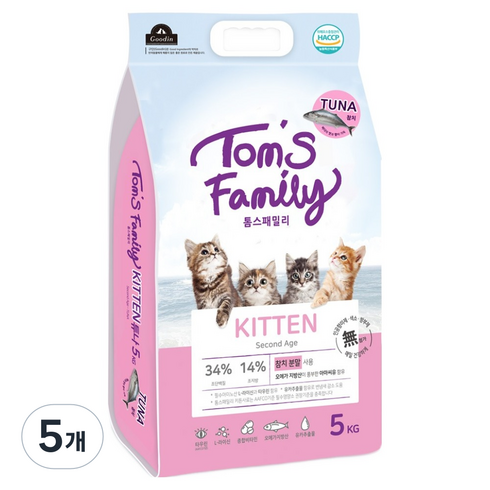 톰스패밀리 키튼 고양이 참치함유 어린 튜나 사료, 5kg, 5개, 닭+참치