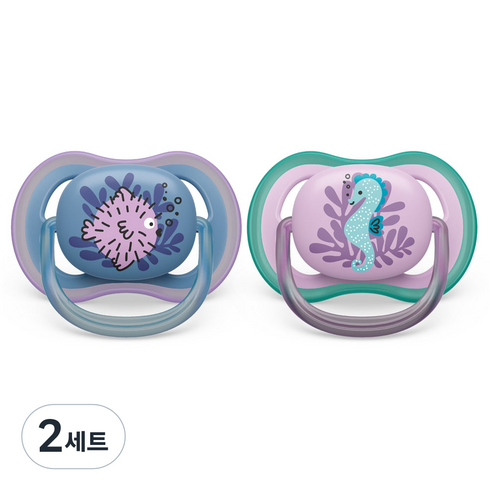 필립스아벤트 울트라 에어 노리개 젖꼭지 2종 세트 SCF085, 6~18개월, 복어 + 해마, 2세트