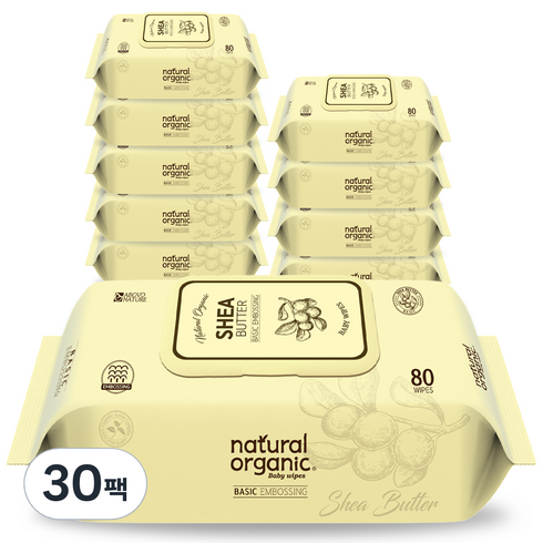 네츄럴오가닉 엠보싱 아기 물티슈 캡형 시어버터, 60g, 80매, 30개