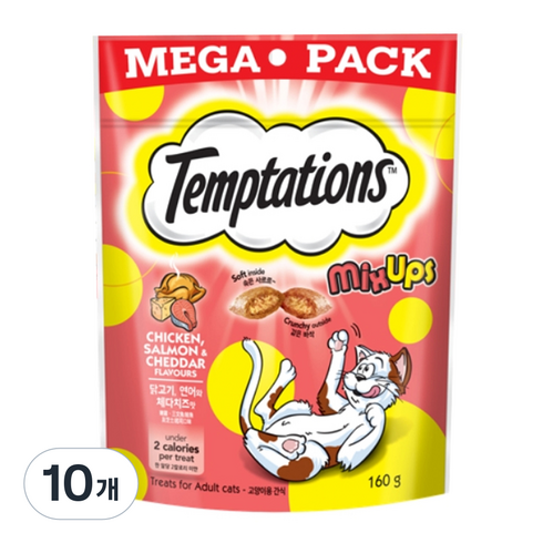 템테이션 고양이 간식, 혼합맛(닭고기/연어/체다치즈), 160g, 10개