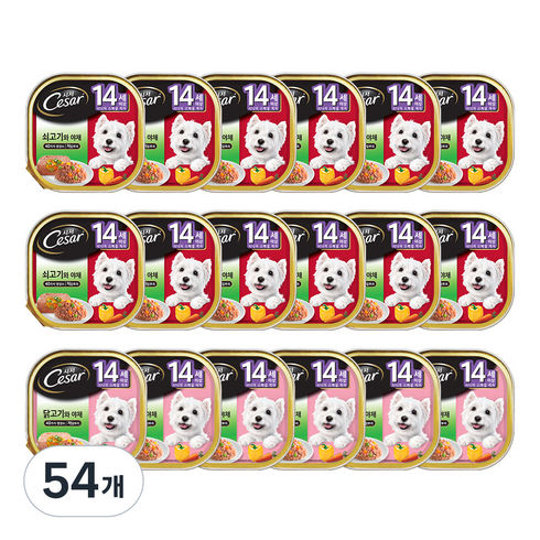 시저 14세 이상 시니어 강아지 버라이어티팩 주식캔 쇠고기 12p + 닭고기 6p, 혼합맛, 100g, 54개
