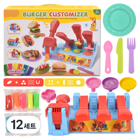 꾹꾹 햄버거 메이커 컬러 도우 클레이 세트 9682, 랜덤발송, 12세트, 650g