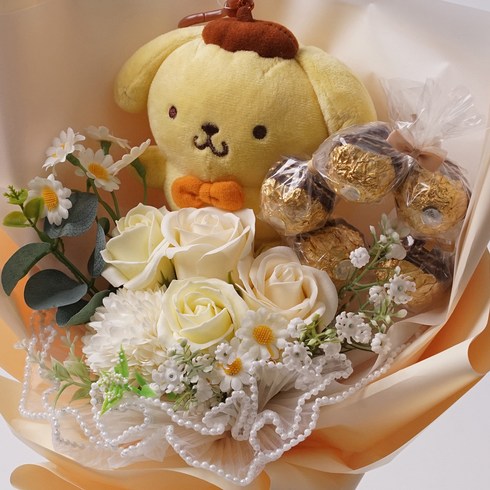 morningscent 초콜릿 입학식 축하 졸업식 산리오 진주레이스 페레로로쉐 비누꽃다발, 폼폼푸린 옐로우