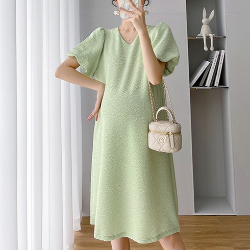 마켓A 브이넥 퍼프슬리브 임산부 원피스