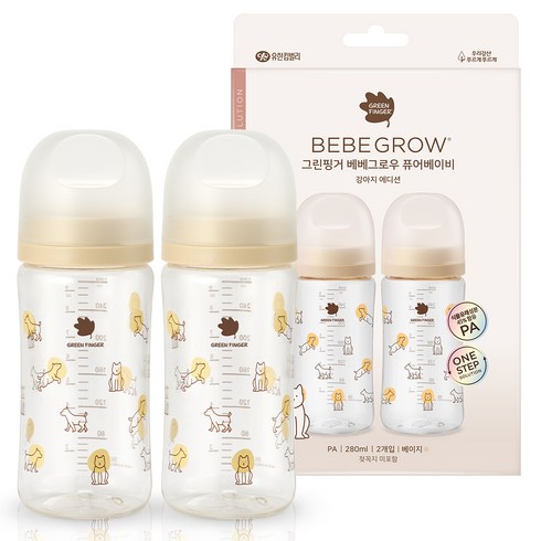 베베그로우 그린핑거 퓨어베이비 PA 노꼭지 디자인 젖병 트윈팩 강아지, 베이지, 280ml, 2개