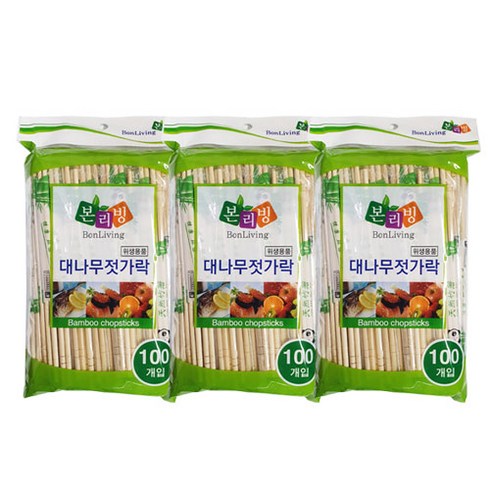 본리빙 고급 대나무 젓가락 개별 비닐포장, 100개입, 3개