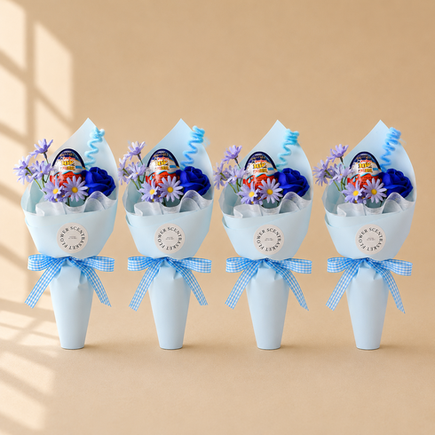 센트바스켓 스윗블룸 킨더조이 꽃다발 4p, 블루(꽃다발), 랜덤발송(킨더조이)