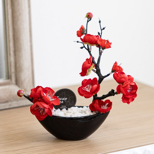 플라워트리 조화 봄날 매화 한조각 화분 세트 18 x 18 cm, 레드, 1개