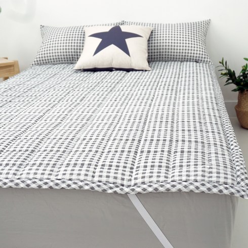 바숨 고정밴드 시어서커 여름 침대패드, 체크그레이