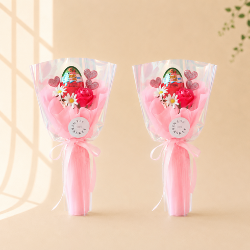 센트바스켓 하트빔 킨더조이 + 비누 꽃다발 세트, 푸시아핑크(꽃다발), 킨더조이(랜덤발송)