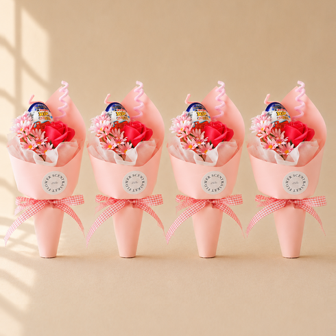 센트바스켓 스윗블룸 킨더조이 꽃다발 4p, 푸시아핑크(꽃다발), 랜덤발송(킨더조이)