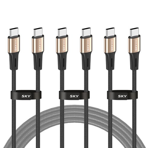 SKY 비트 60W PD PPS C타입 고강도 패브릭 초고속충전 골드 메탈 케이블, 200cm, 3개, 블랙