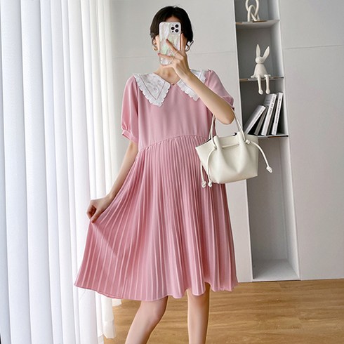임산부 프릴 빅 카라 아코디언 주름 미디 반팔 원피스