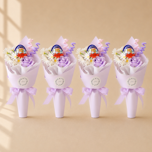 센트바스켓 스윗블룸 킨더조이 꽃다발 4p, 퍼플(꽃다발), 랜덤발송(킨더조이)